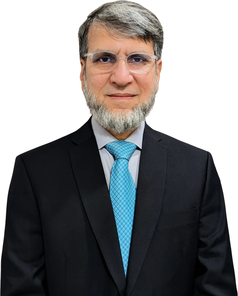 Dr Syed Nadeem Abidi in a dark suit and teal tie